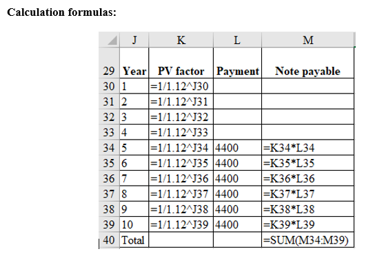 Calculation formulas: AJ K L M 29 Year PV factor Payment Note payable 30 1 =1/1.124330 31 2 =1/1.124131 32 3 =1/1.12AJ32 33 4