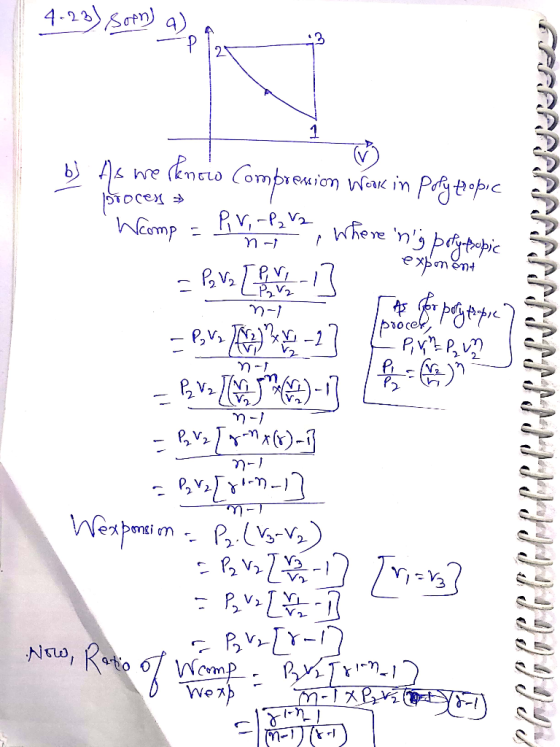 4.23) soon) a) a = Plo b) As werknow Compression Work in polytropic proces =) Womp = Piv - Pav2 where ng polytropic expone