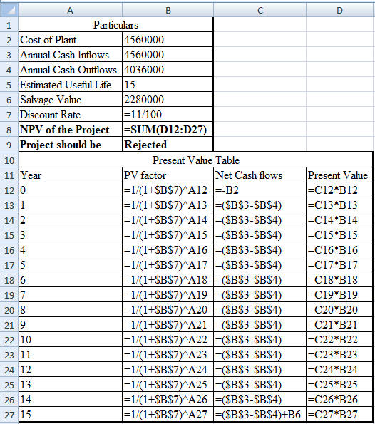 1 ost of Plant А B Particulars 2 Cost of Plant 4560000 3 Annual Cash Inflows 4560000 4 Annual Cash Outflows 4036000 5 Estimat
