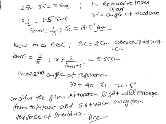 18m 3o = nsor I= Refractive index ofan 1x t = 1.5 som Bo= angle of micedenec Smn=ti 81= 19.5° Ara tanria Now no ABC i Be=2Cm