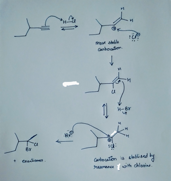 и :U? more stable Carbocation. И И u H-BR И Br? ·ce BY :( enantiomer . Carbocaton is stablised by resonance ( with chlorine.
