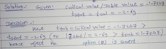 So lution Caidical value/Table Velue-1-7247 tetat Given tcal 5-2- Deecision Here Critical value -1-7247 tstetニ-2.69(。 hence j
