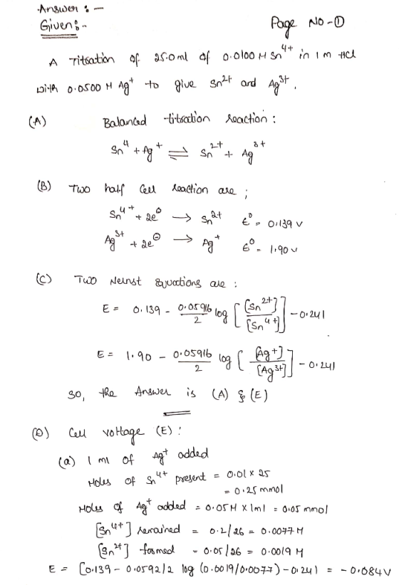-Answer Givens - Page No-o A Titration of 25.0ml of 0.0000 H snit in im Hel with 0.0500 M Agt to give sn2t and Agst, (a) Bala