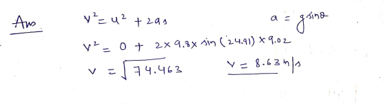 Am y²=u²+zas a = grans V2 = 0 + 2x 9.3x sin (24.91) 9.02 y こ 74.463 = 8.63m11