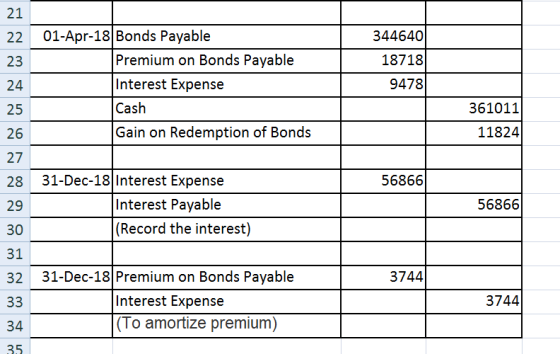 21 22 23 01-Apr-18 Bonds Payable Premium on Bonds Payable Interest Expense Cash Gain on Redemption of Bonds 344640 18718 9478
