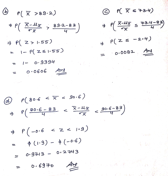 (b) PC X > 89.2) © PC X 5 73.4) = P( X-MX P(X-M5 73.4-83) 아치 og > 39.2582) 3) Pl z> 1.55) 1 - Pl ZS1.55) P(z zs -2.4) Ans = 0