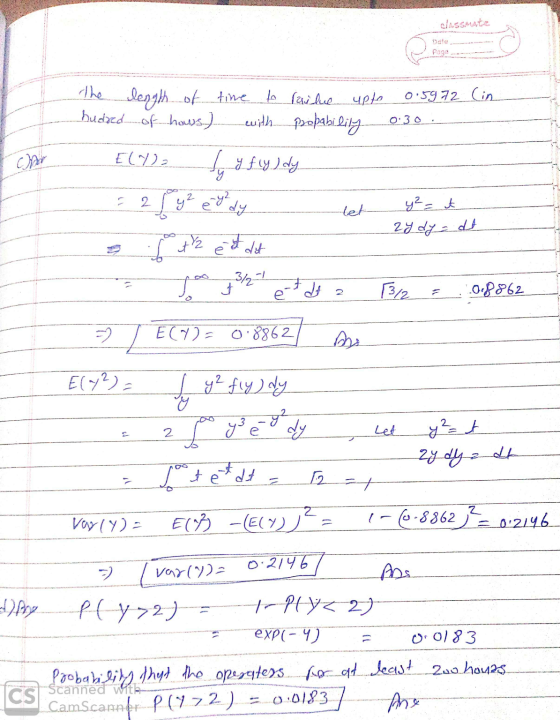 classmate Page The length of time to railue upto hudred of hows) with propability 0.5972 (in 0:30. car Elya Jy y fly ) dy 2 9
