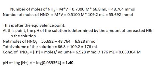Number of moles of NH3 = M*V = 0.7300 M* 66.8 mL = 48.764 mmol Number of moles of HNO3 = M*V = 0.5100 M* 109.2 mL = 55.692 mm