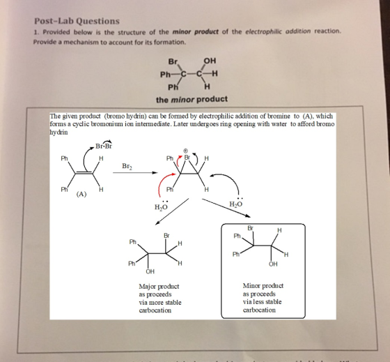 Post-Lab Questions 1. Provided below is the structure of the minor product of the electrophilic addition reaction. Provide a
