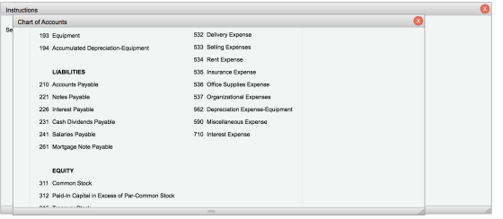 Instructions Chart of Accounts Sel 193 Equipment 532 Delivery Expense 194 Accumulated Depreciation-Equipment LIABILITIES 533