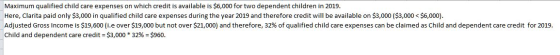 Maximum qualified child care expenses on which credit is available is $6,000 for two dependent children in 2019. Here, Clarit