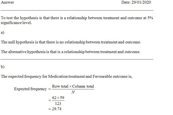Answer Date: 29/01/2020 To test the hypothesis is that there is a relationship between treatment and outcome at 5% significan