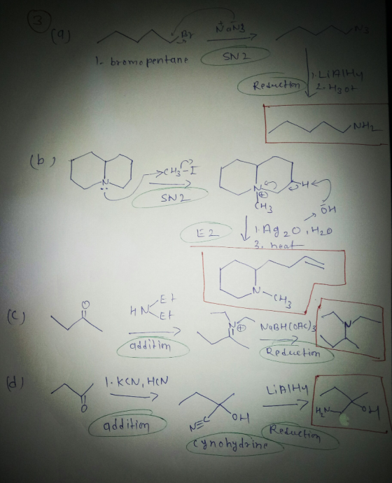 Nang SN2 To bromo pentane Reduction 1.LiAlHY 2. Hoot -NH2 > CH3- SH SNR CH3 oh L. Ag2O,H2O 3. heat E2 Et I-CH2 NOBH COAC); ad