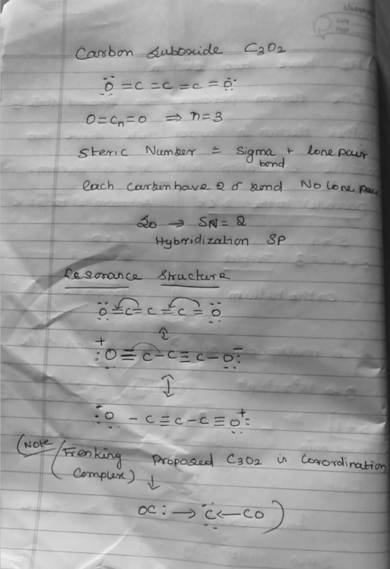 C₂02 Carbon suboxide Lô éc éc =2 = 0 O=6=0 n=3 steric lone pair Number Ź Sigma + bond carben have a o bond each No lone par z