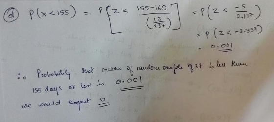 & P(x<155) = P(za 155-1607 - P (2 < -2.339) - 0.001 . Probability that mear of random sample of 37 is less than 155 days or l