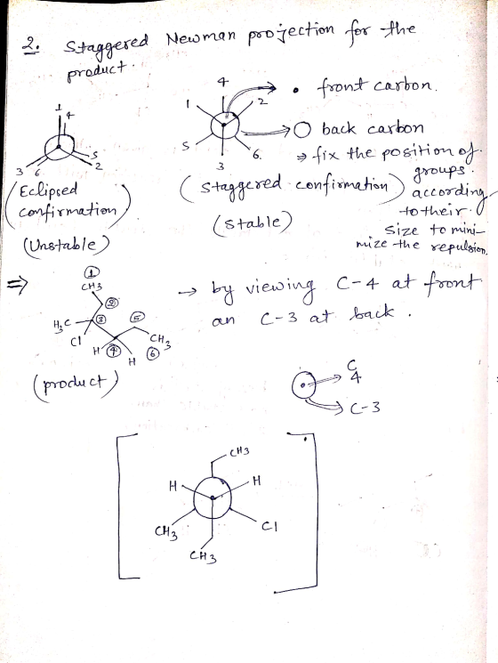 2. Staggered Newman poojection for the productie 36 Eclipsed ( confirmation). (Unstable) . . He @ @ o front carbon. O back c