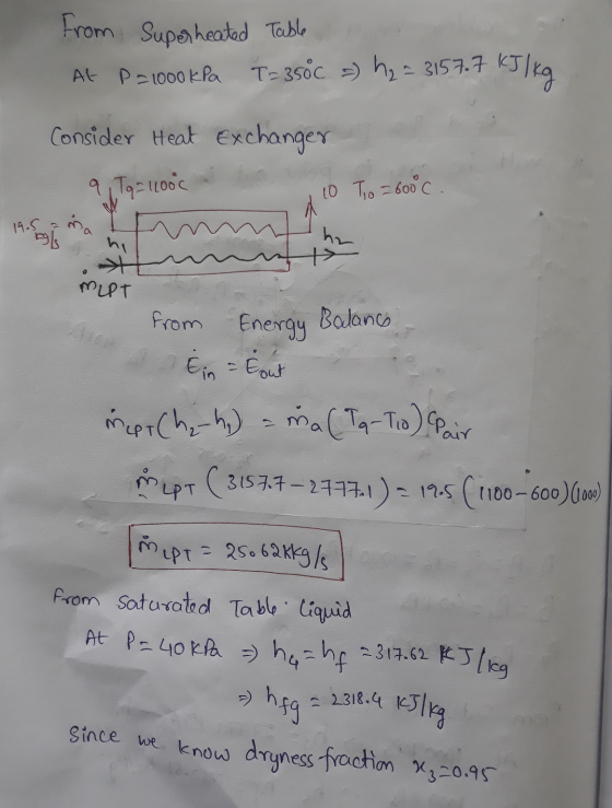 From Superheated Table At P-1000kPa T= 3500 = ₂ = 3157.7 kJ/kg Consider Heat Exchanger 10 To 600°C. 9 Tg = 11000 ma 19.5 hi M