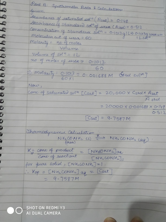 2 Part B: Spectrometer. Data e Calculations шт. Absorbance of saturated scen (Asat) = 0.148 absorbance of standard soren wrea