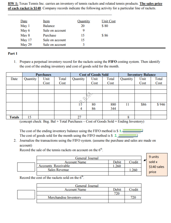 HW 1: Texas Tennis Inc. carries an inventory of tennis rackets and related tennis products. The sales price of each racket is