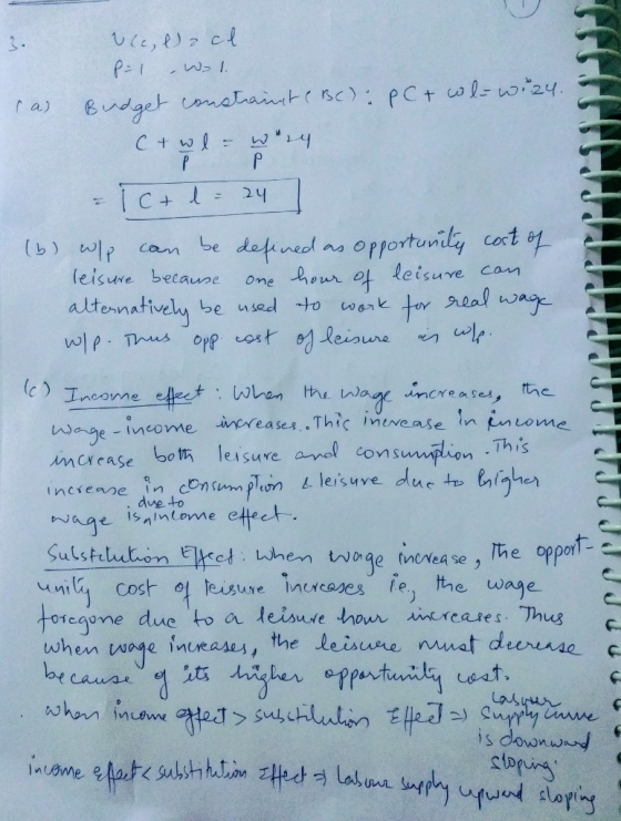 Budget onataint sc): pC w24 ra) Ctw P O1portunily cort ey leisure can aeal (b) wl cam be defined hour leisure becaune One tor