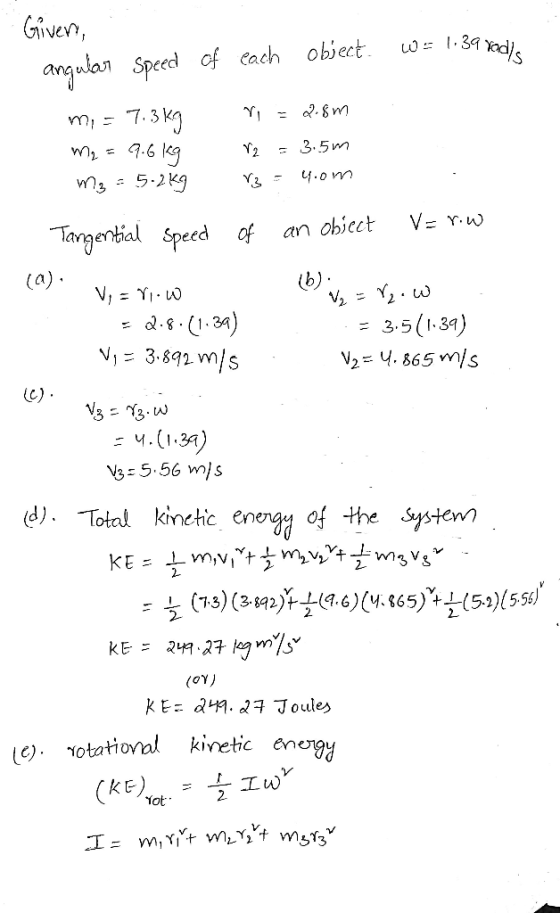 Given, angular Speed of each object. W = 1.39 radle mi = 7.3kg m₂ = 9.6kg m₂ = 5.2kg N = 2.8m N2 = 3.5m 3 = 4.om of an object