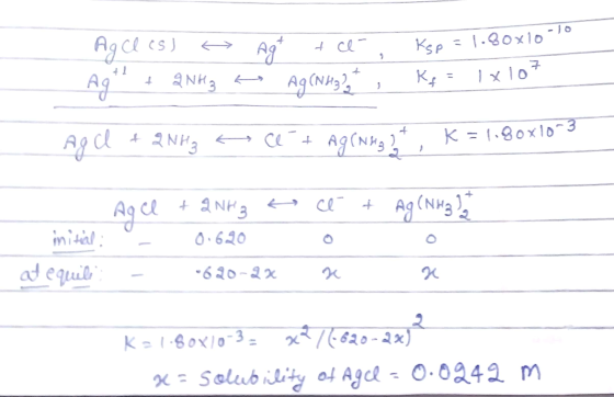 Agcles) A Agt tce, Ag + 2NH3 - Ag (NH3? * Ksp = 1.80x10 Kf = 1x107 Agcl + 2NH₃ c e-t Ag(Nuggt K=1.80x10 3 1. AgCl + 2NH3 init