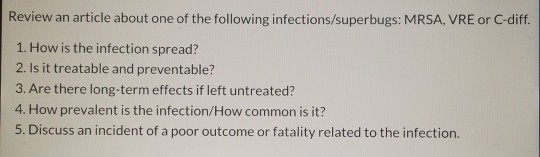 Review an article about one of the following infections/superbugs: MRSA. VRE or C-diff. 1. How is the infection spread? 2. Is