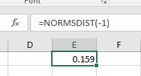 fox
=NORMSDIST(-1)
E
F
0.159
LL