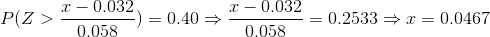 P(Z > 2 – 0.032 0.058) = 0.40 * 1-0.032 = 0.2533 = x=0.0467 0.058