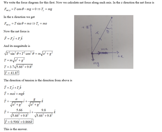 We write the force diagram for this first. Now we calculate net force along each axis. In the z direction the net force is 7T