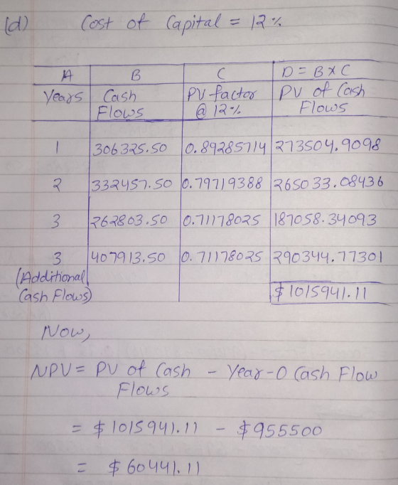 (d) Cost of Capital = 12% LA Years B Cash years Chois C PU factor @ 12% D = BAC Pu of Cash I flows @ 12% 306325.50 0.89285714