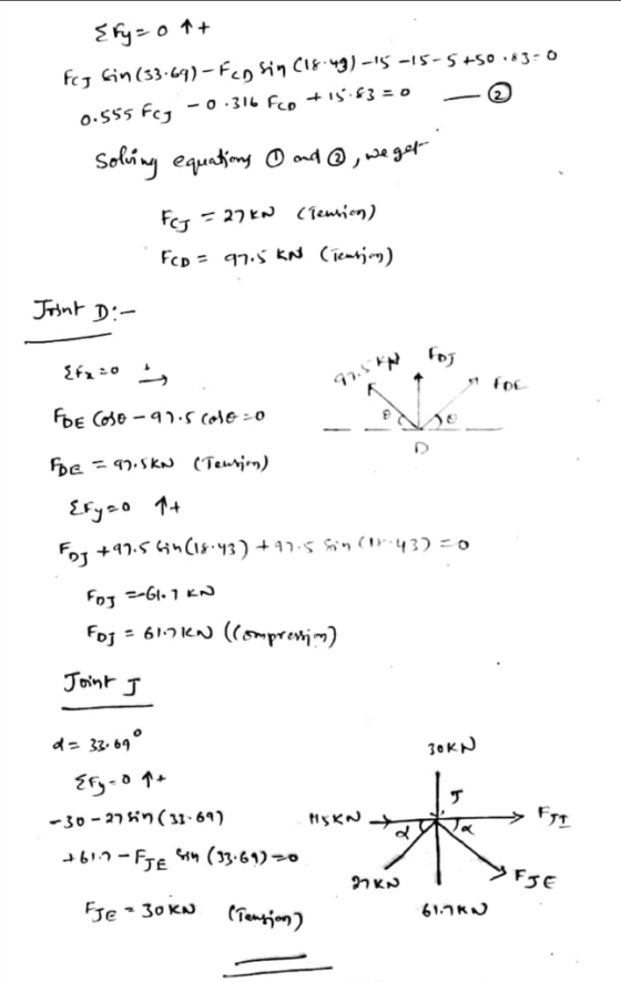 {fy=ot+ fry Gin (33.69) - Fan Sin C18:43) -15-15-5750.83-0 0.555 Fcg -0.316 Fco +15.63=0 - © solving equations 0 and ①, we ge