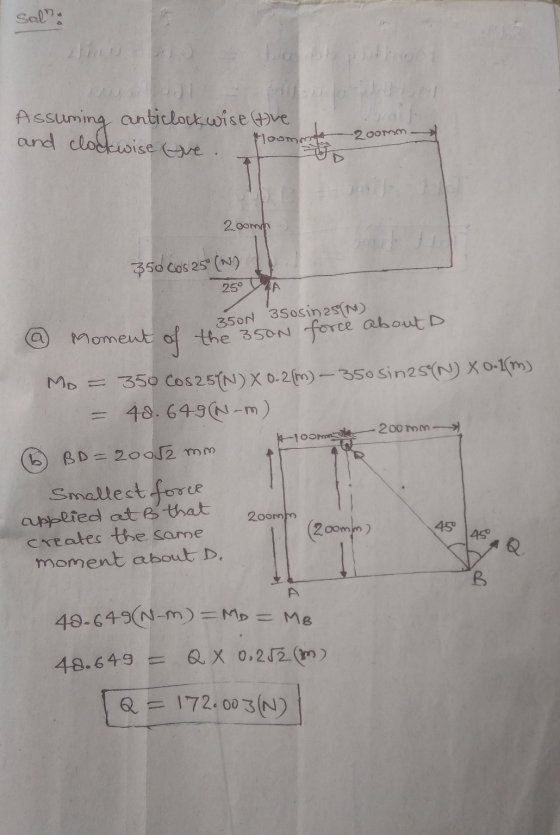 salno Assuming anticlockwise the and clockwise tve. floomme -2oomm 2oomd 350 Cos 25° (N) 25° Moment 350N 35osin 25(N) of the