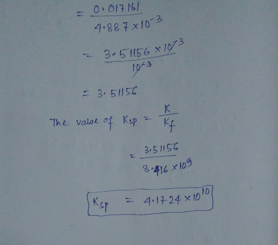 0.017 16/ 4.887x10-3 - 305 1156 x 1073 10-3 - 3. 51156 The value of ksp = If 3,51156 8.416 * 109 (Ksp = 4.1724x1000)