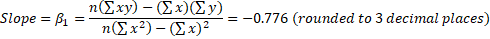 n(Σχy) - (Σκ)(Σy). Slope = B1 = η(Σx2)- (Σκ)2 -= -0.776 (rounded to 3 decimal places)