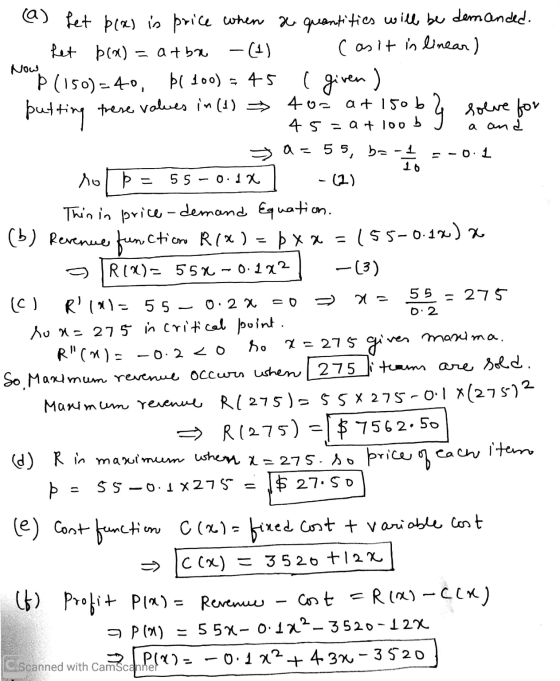 Now a and 0 1 1o. 55 -0.1x (a) Let blad is price when the quantities will be demanded. Let p(x) = atbr - (1) (as it in linear