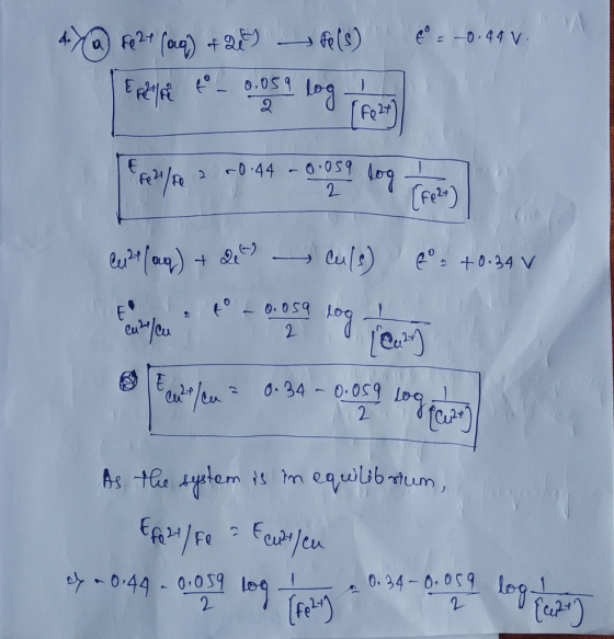 4 @ Fe 2+ (aq) + 2) Fe(s) = -0.49 v. n seleë e DOF A long term Fe 2 +0.44 -0.059 Log In butylam) + 2,99 - Ouls) +0.34 v or yo