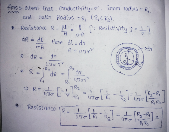 fins:-Given that· Conductivi ter . ioner adis-R and Outer Radius R RR2 * Resistance R=f1.on [.: ResistivitysH dR = dr 2. 2 de