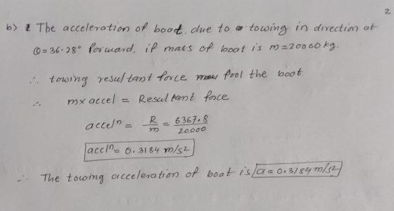 b) z The acceleration of bood, due to a towing in directim at (0= 36.280 forward, if mass of boat is m=20060kg. i 2 towing re