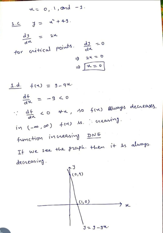 - 1. x = 0, 1, and 1 +49 1.C y = dy 24 an do 20 dx for critical points. 226 no 1.d. ton) = 9 -971. dt -9 < 0 ar so tr, < 0 df