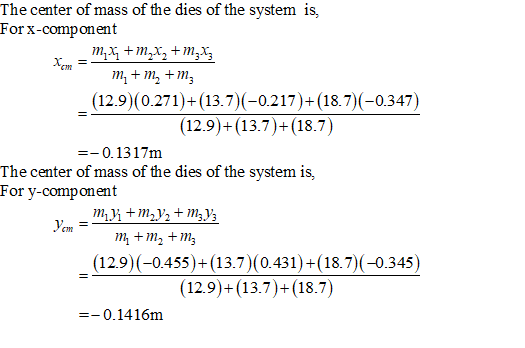 The center of mass of the dies of the system is, For x-component _mx+m2x2 +m m. + m + m2 (12.9 (0.271)+(13.7)(-0.217)+(18.7)(