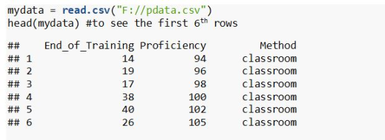 mydata = read.csv (F://pdata.csv) head(mydata) #to see the first 6th rows ## End_of_Training Proficiency Method ## 1 classr