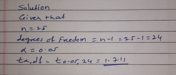 Solution Given that n=25 degrees of freedom = not =25-1=24 daoios ta,df - toros, 24 = 1.711