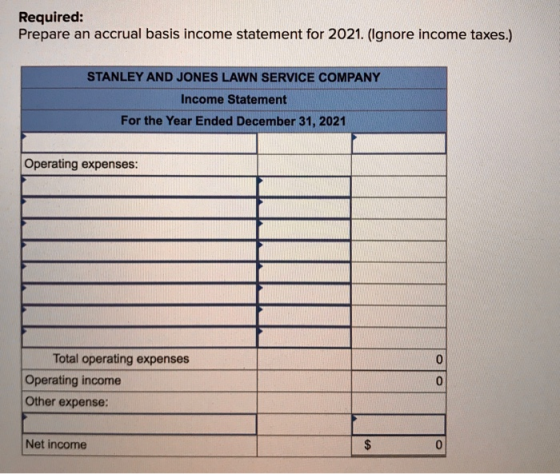 Required: Prepare an accrual basis income statement for 2021. (Ignore income taxes.) STANLEY AND JONES LAWN SERVICE COMPANY I