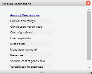 Amount Descriptions Amount Descriptions Contribution margin Contribution margin ratio Cost of goods sold Fixed expenses Gross