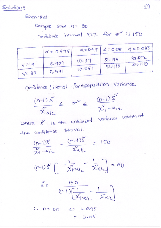 solution: Given that Sample size ne 90 confidence interval 95% for ou is 150 x=0.975 x=0.952=0.05&=0.025 10.117 30.144 32-852
