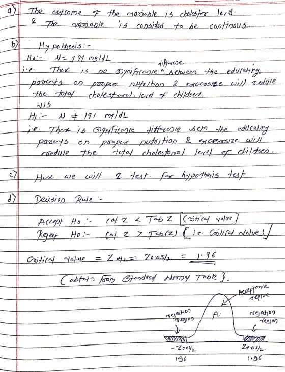 a The & outcome of the 290oble the agriable is choles for level is consideo to be continous blHypothesis: - Hoi- l = 191 mg/d