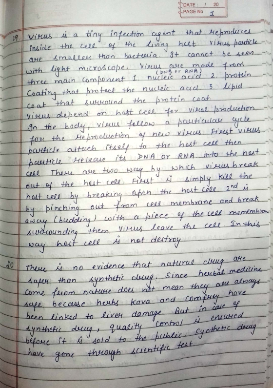 DATE: 120 PAGE No 1 (DNA OY RNA) 19. virus is a tiny infection agent that reproduces inside the cell of the living hest. viru