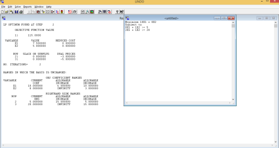 LINDO X File Edit Solve Reports Window Help <untitled> - @ X LP OPTIMUM FOUND AT STEP 2 OBJECTIVE FUNCTION VALUE 1) 115.0000