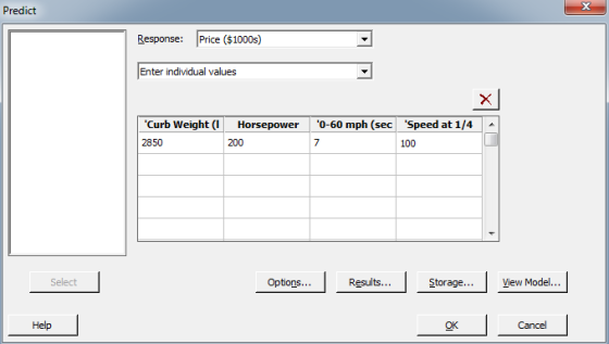 Response: Price($1000s) Enter individualvalues xl Curb eight 2850 Horsepower0-60 mph (s 200 Speed at 1/44 100 | Results. ..